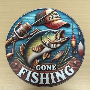 Metal Sign Gone Fishing Decorative Round Tin Home Cabin Cottage Decor New Gift